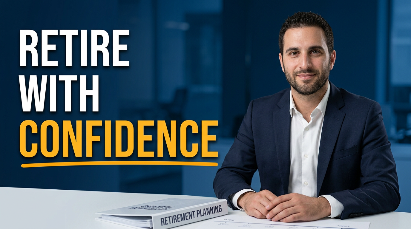 Financial advisor in a navy suit beside a retirement planning binder and upward timeline graphic