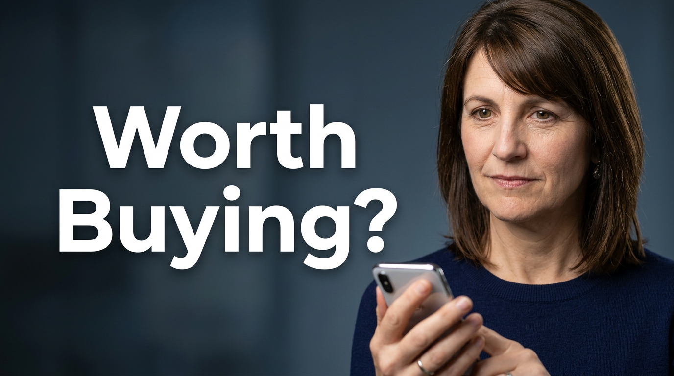Female creator evaluating a compact gadget against a clean studio background with a skeptical expression.