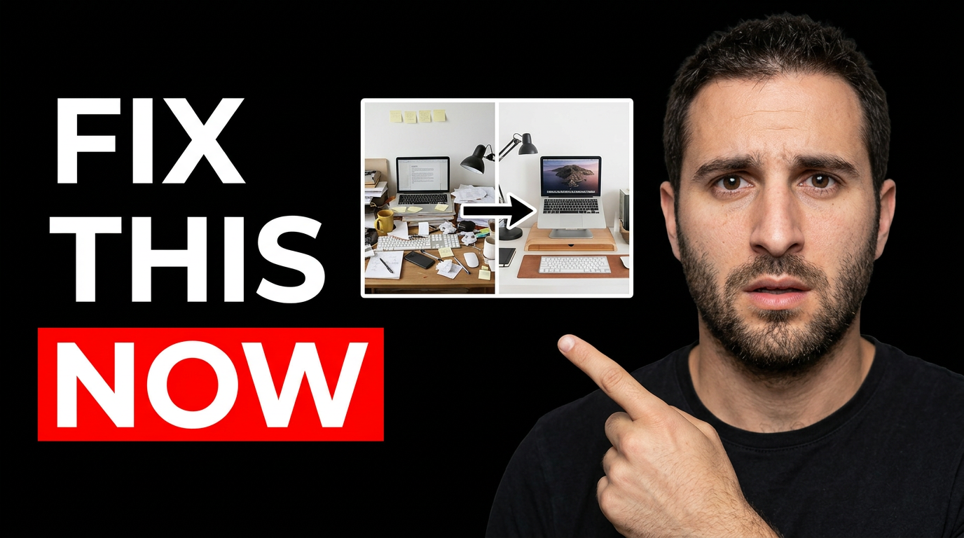 Creator pointing at a cluttered before-and-after workspace setup