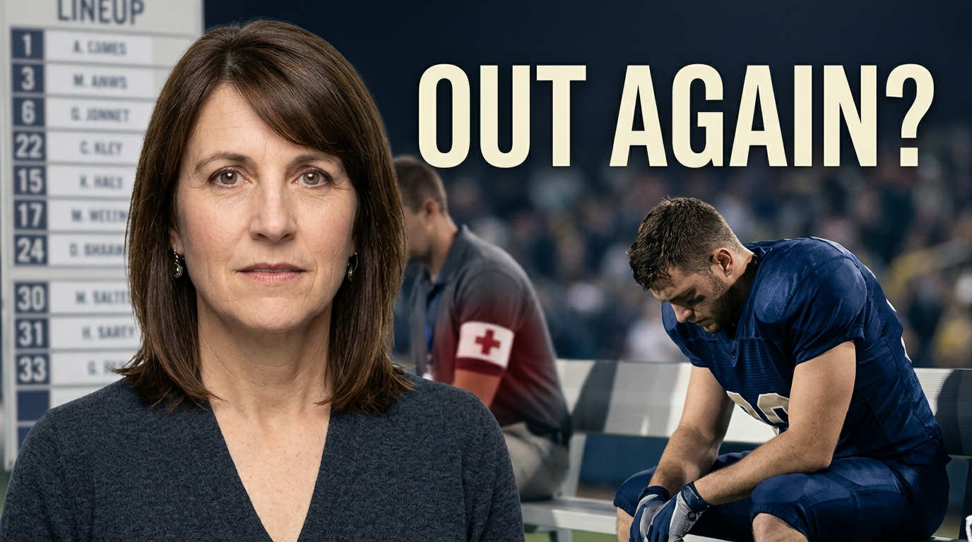 Female sports host discussing an athlete injury update in a newsroom-style thumbnail