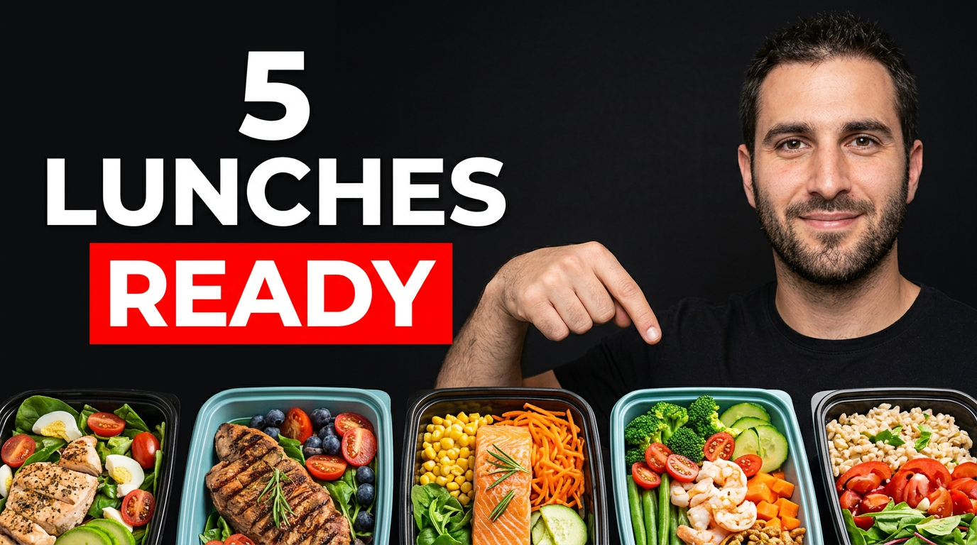 Meal prep creator beside five colorful lunch containers arranged on a kitchen counter