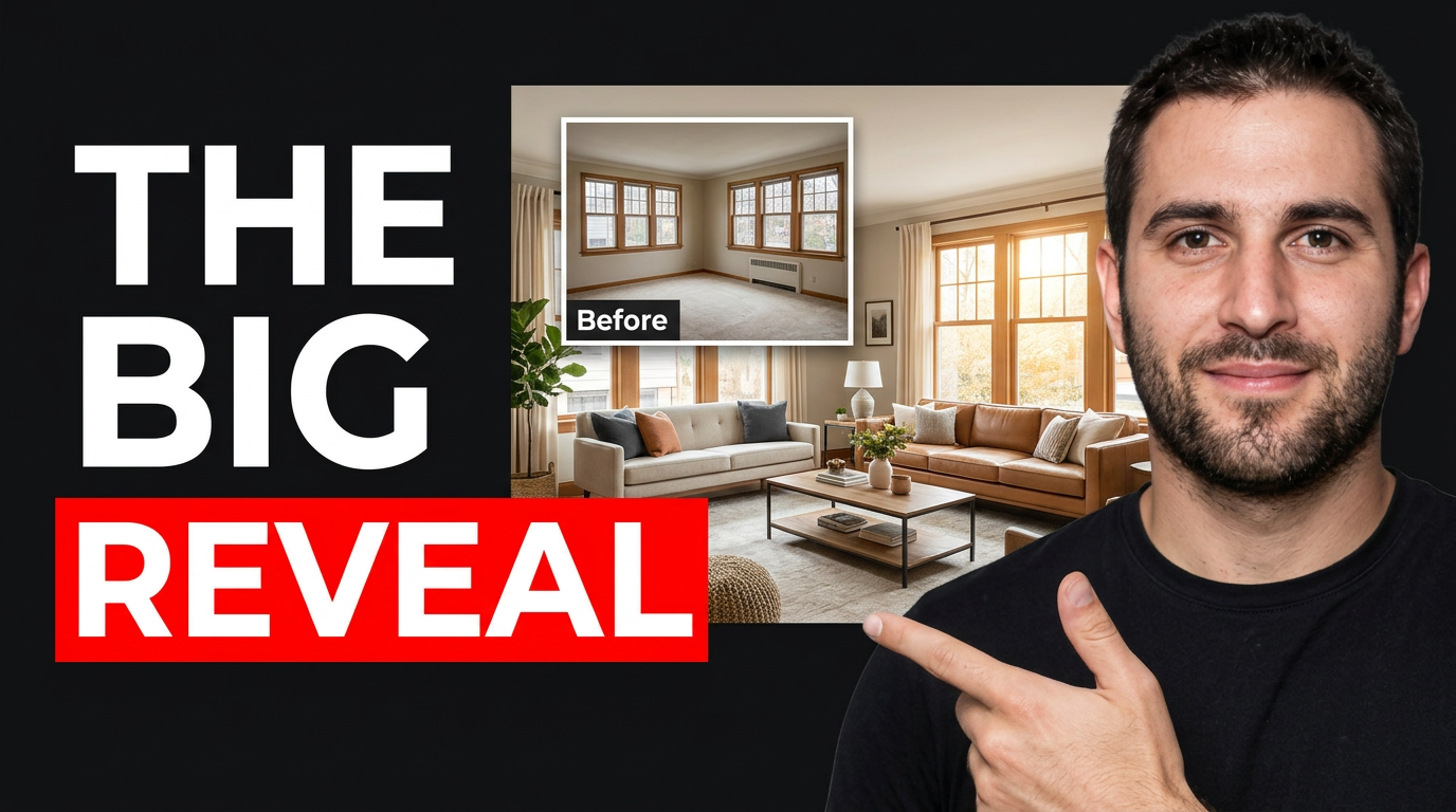 Interior design creator presenting a bright finished living room with a dramatic before inset