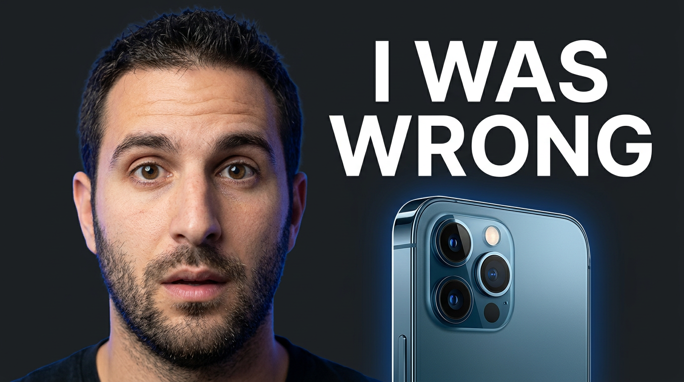 Male YouTube creator reacting with surprise beside a prominent smartphone on a high-contrast background.