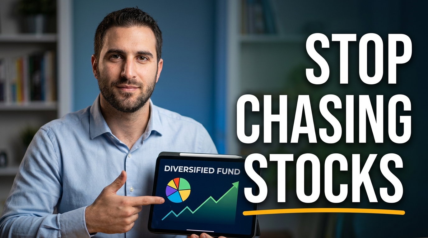 Investing thumbnail concept with a male creator beside diversified ETF and long-term growth visuals