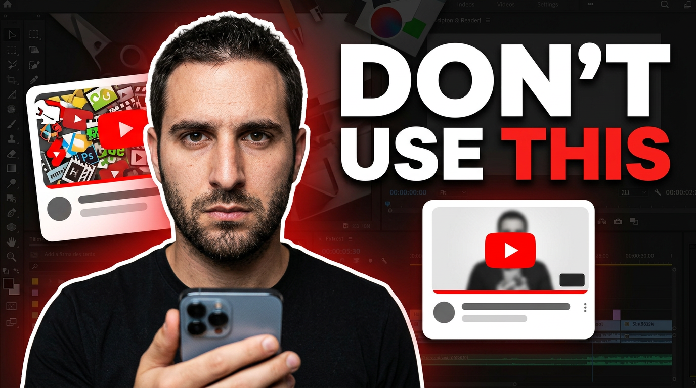 Male creator holding a phone with a warning expression beside two contrasting thumbnail examples.