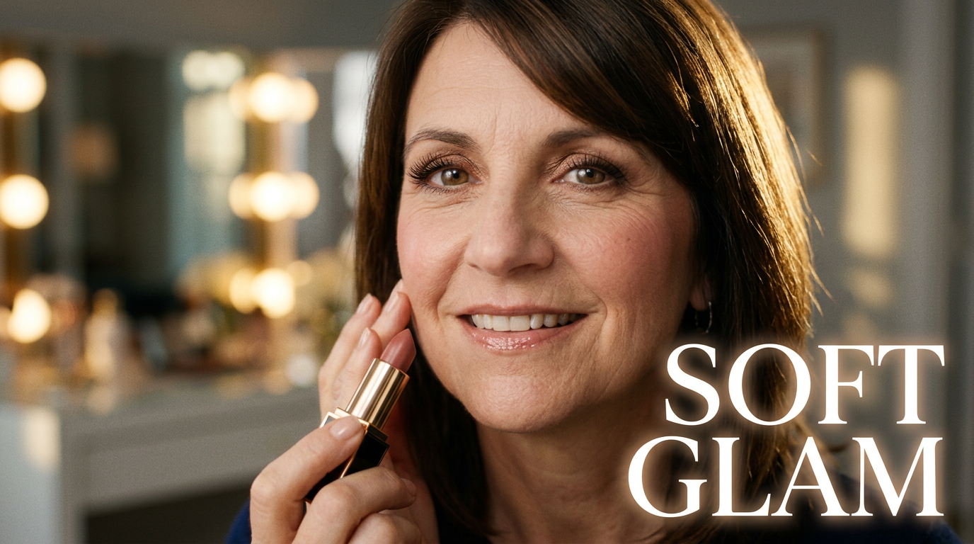 Beauty creator with a soft glam eye look applying lipstick in a warm vanity setting