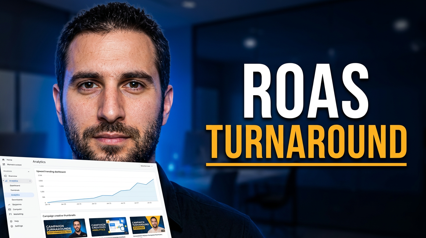 Marketing strategist in front of an upward dashboard chart and campaign creative