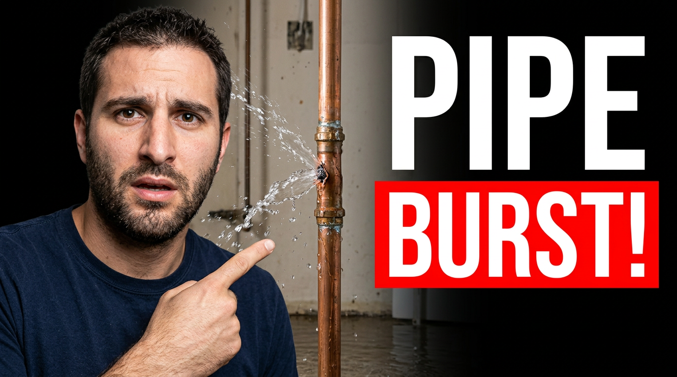 Plumber reacting beside a burst copper pipe spraying water in a utility room