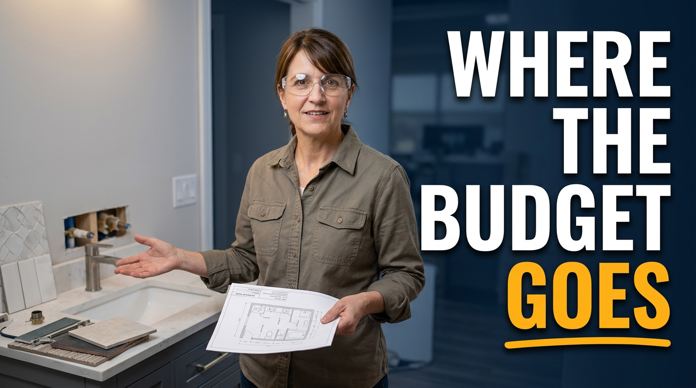 Female remodeler holding a bathroom fixture plan in a partially completed upscale bathroom