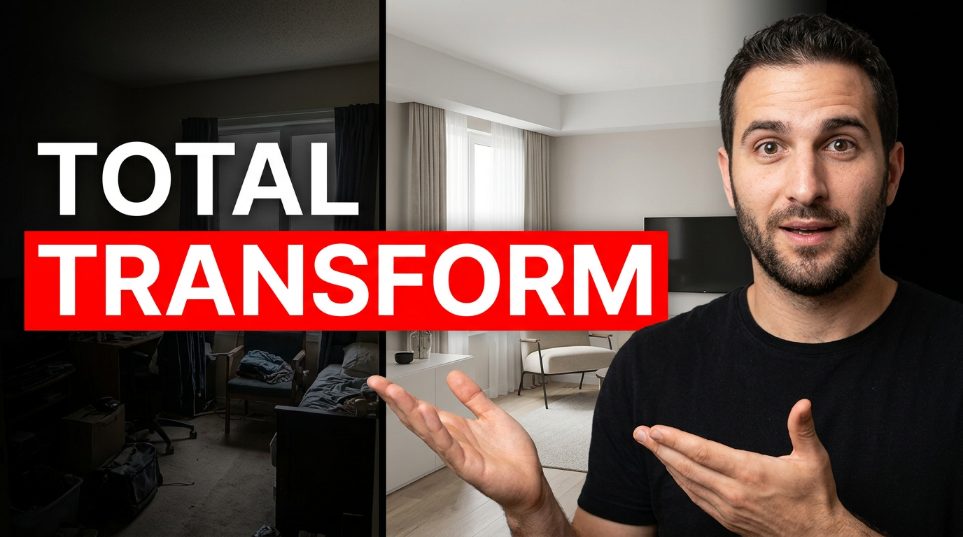 Male creator between a cluttered room before image and a bright finished room after image