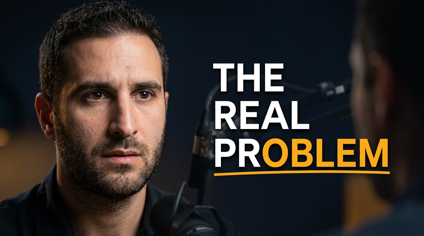 Podcast host reacting beside a confident expert guest in a modern studio