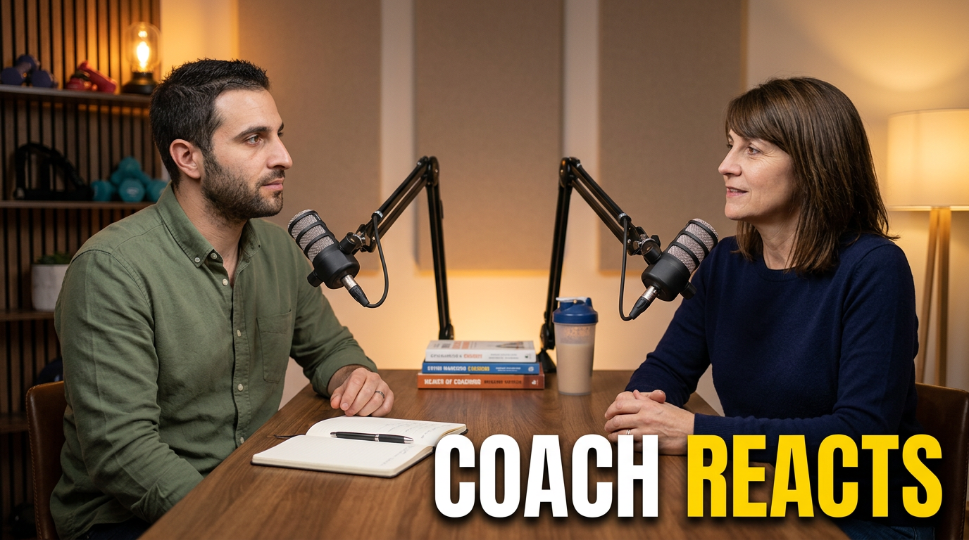 A creator and a coach sit across from one another in a supportive wellness conversation.