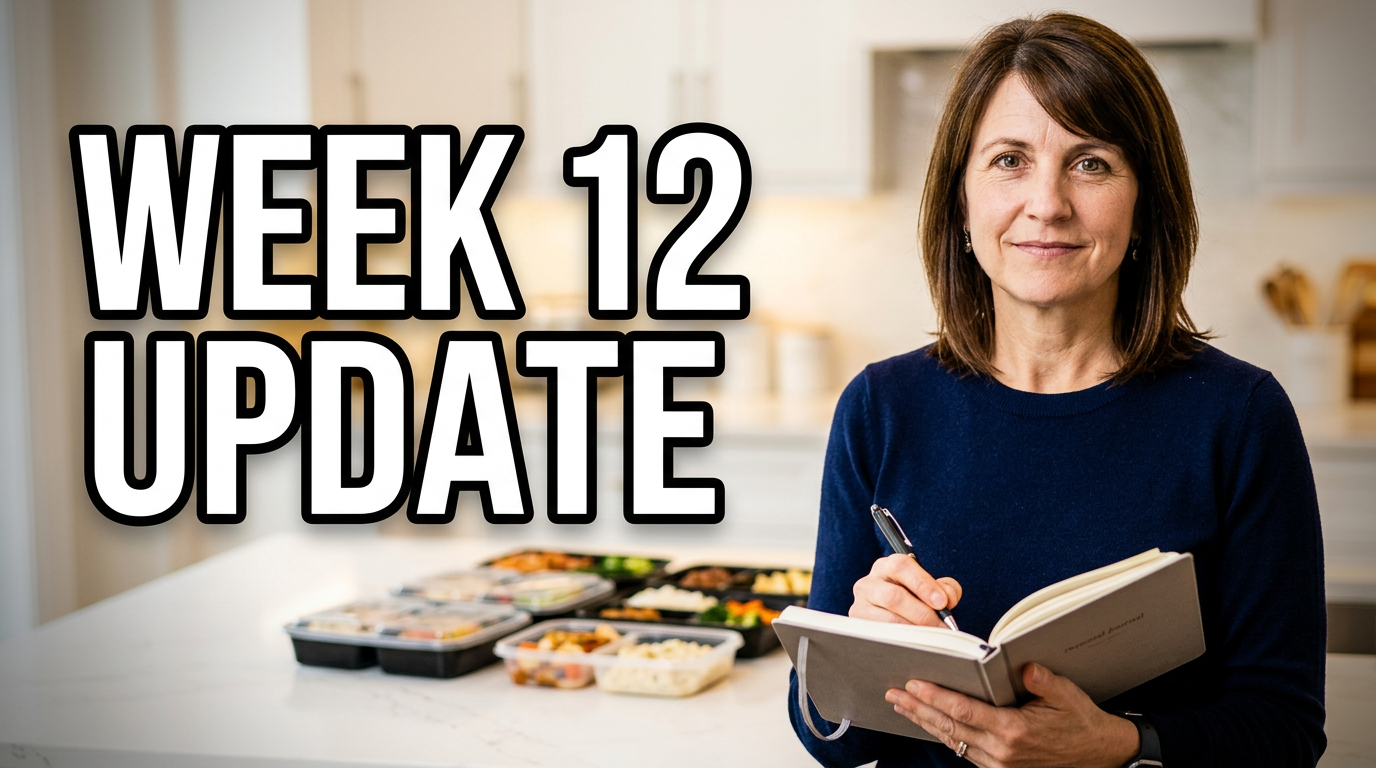 A female creator holds a journal in a bright home kitchen during a personal progress check-in.