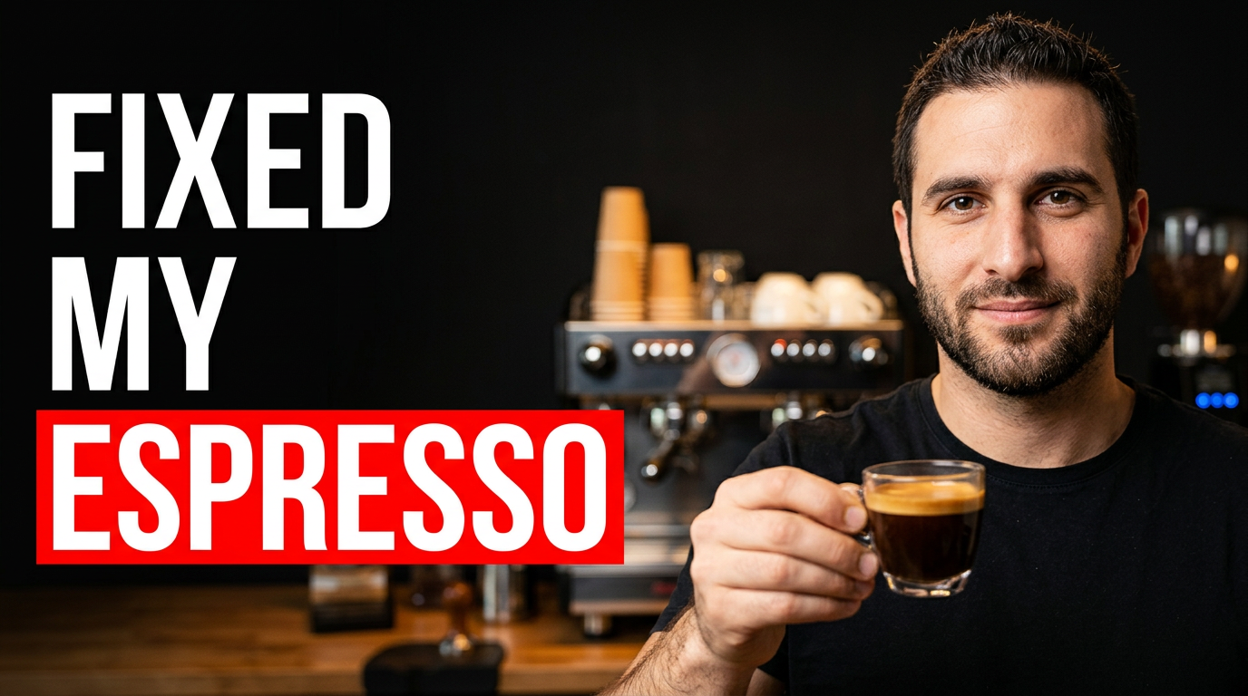 Barista holding a demitasse beside a gleaming espresso machine and espresso stream