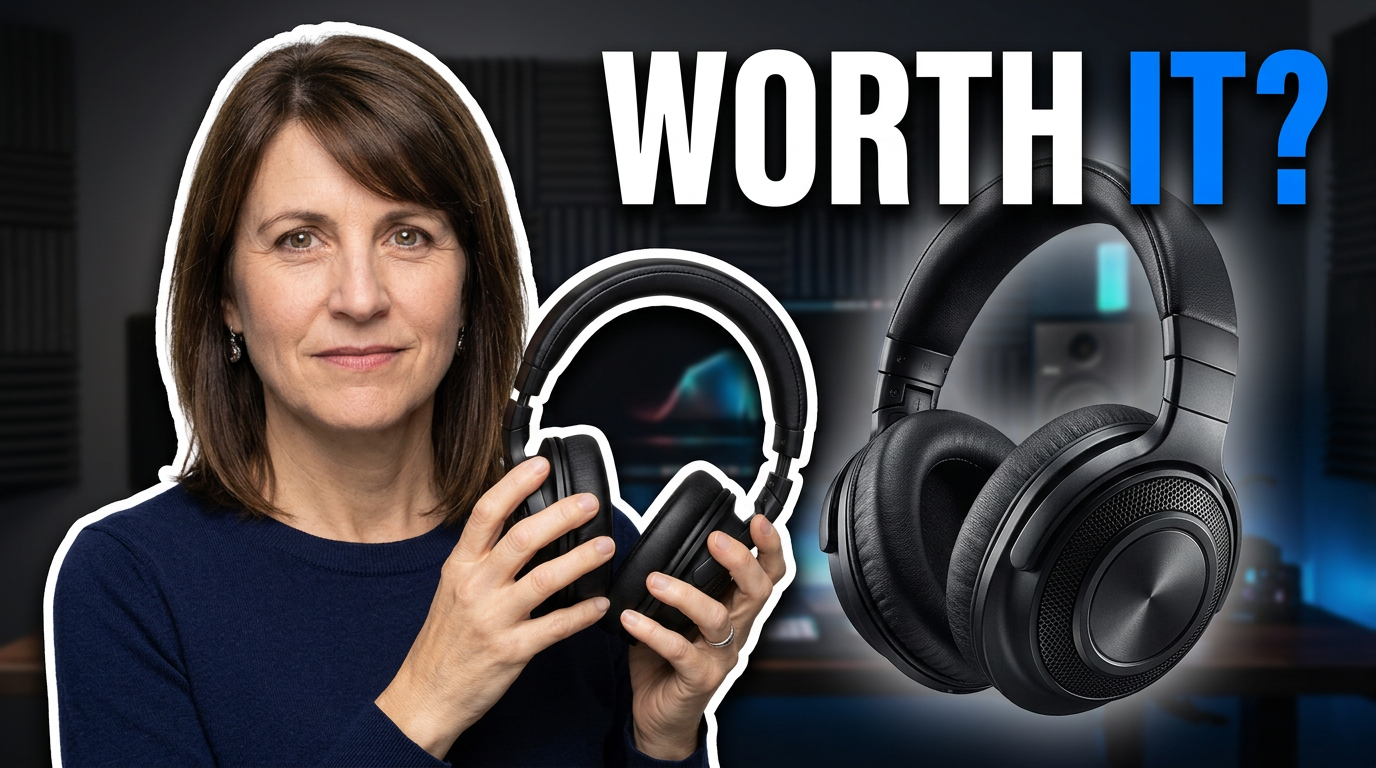 Female reviewer holding headphones with a close product detail in a bold review thumbnail