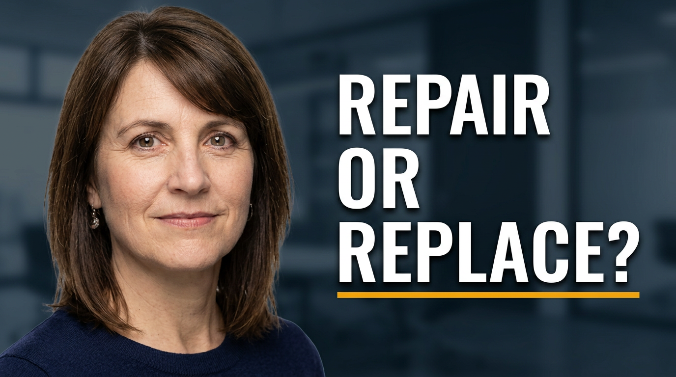 Female roofing professional comparing a worn roof with a newly installed roof