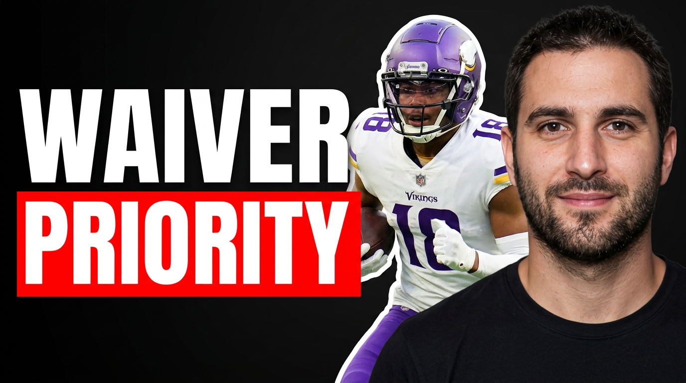Fantasy football host pointing toward a featured football player in a bold waiver-wire thumbnail composition