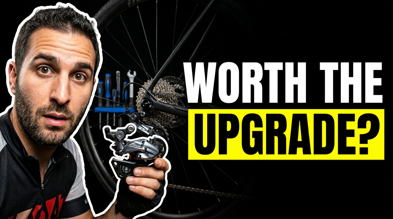 Cyclist examining a new drivetrain component next to a bike in a workshop