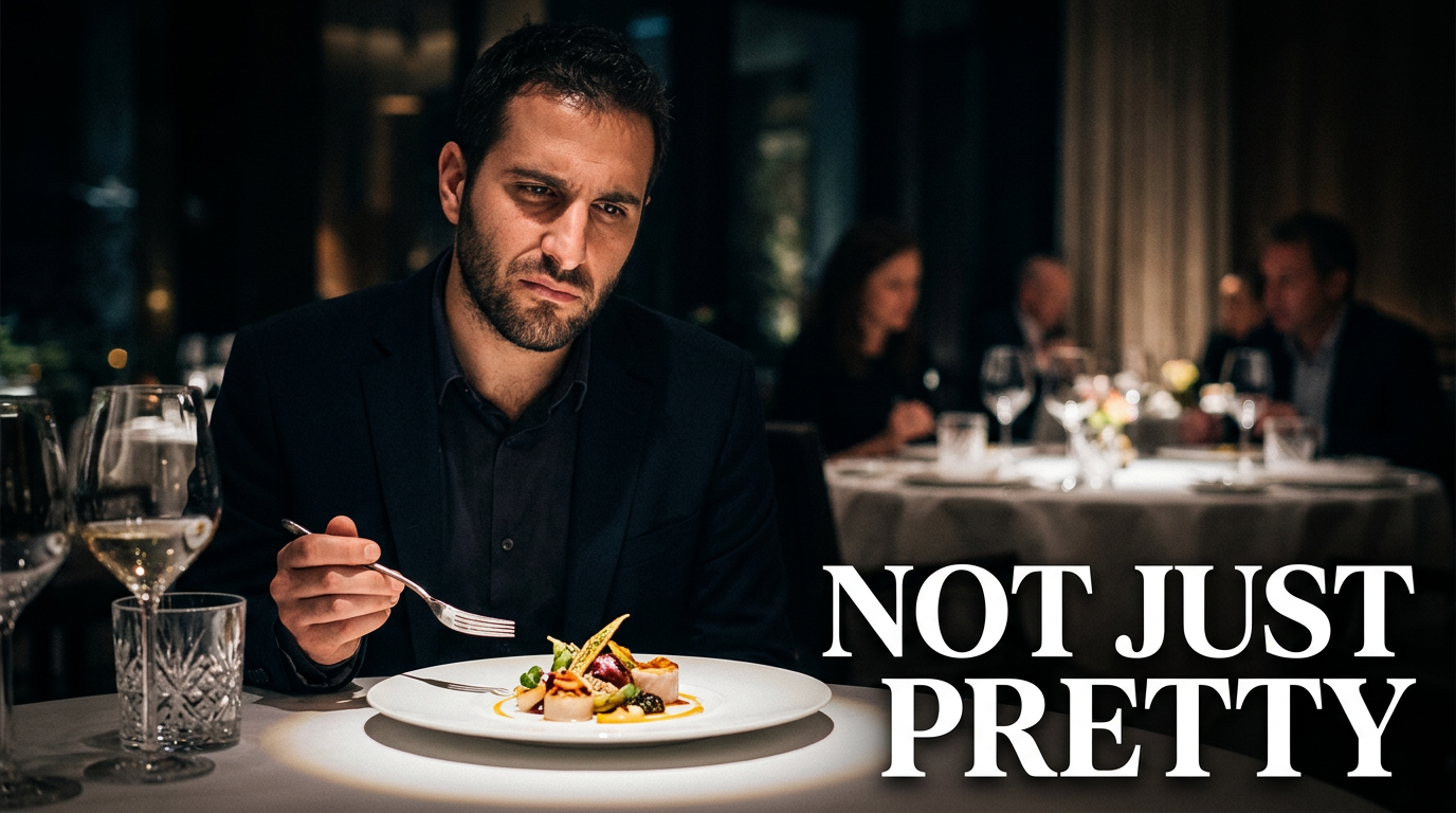 Restaurant reviewer evaluating an artistic fine-dining plate in an elegant dining room.