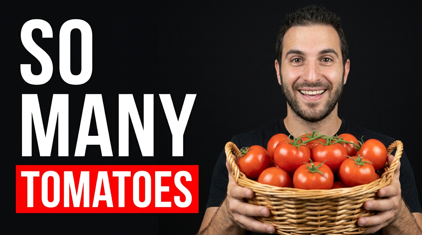 Gardener holding a large basket of ripe tomatoes in a sunny backyard vegetable garden