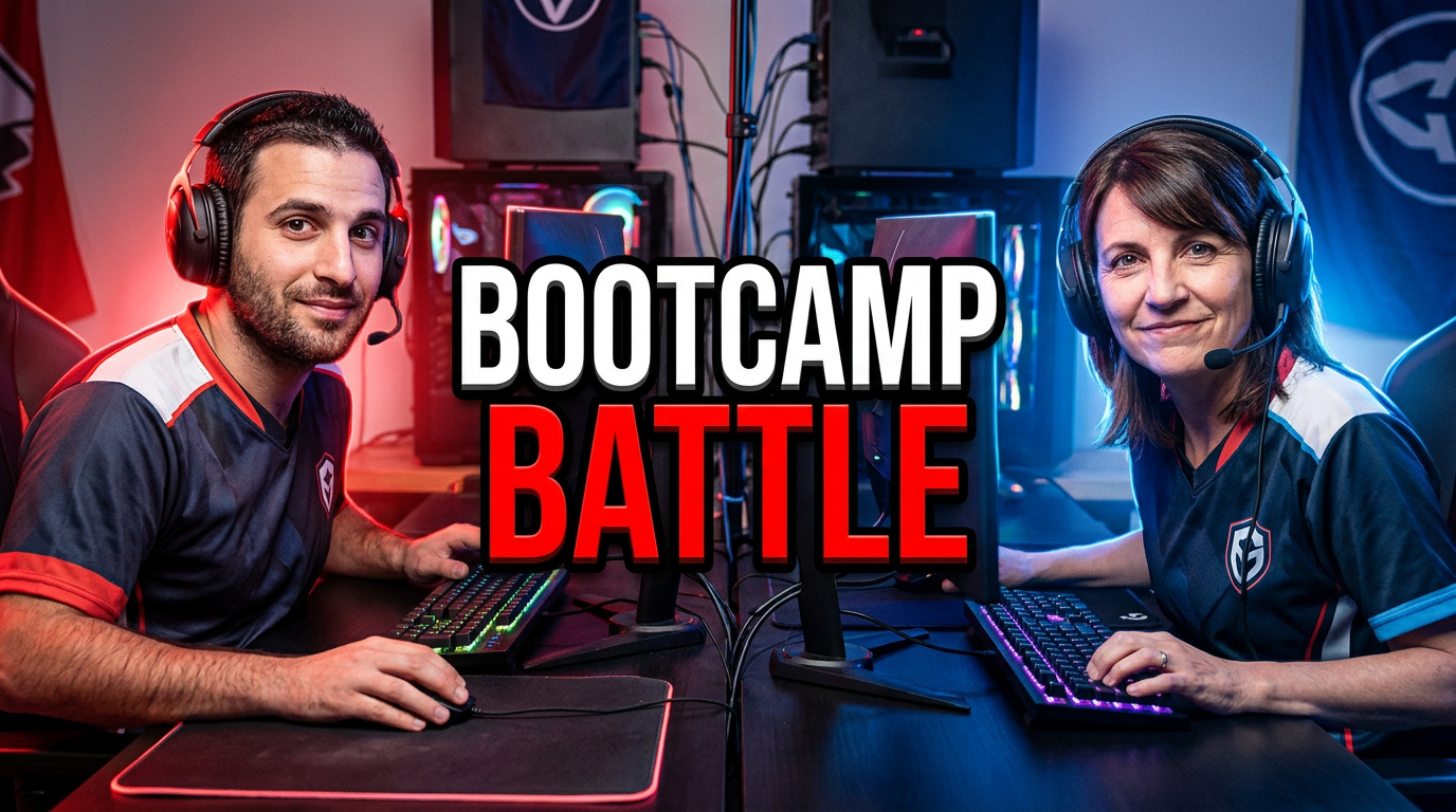 Two esports teammates facing each other across a gaming desk in a playful bootcamp challenge thumbnail