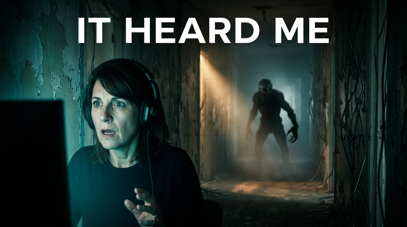 Female creator startled by a creature emerging in a dark horror game corridor