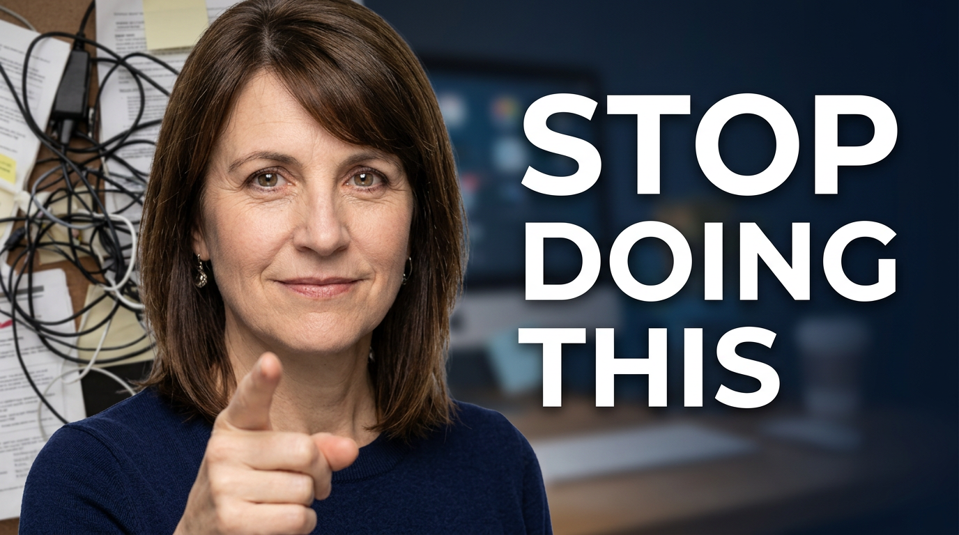 Female creator pointing toward a clear before-and-after comparison of a cluttered and organized workflow