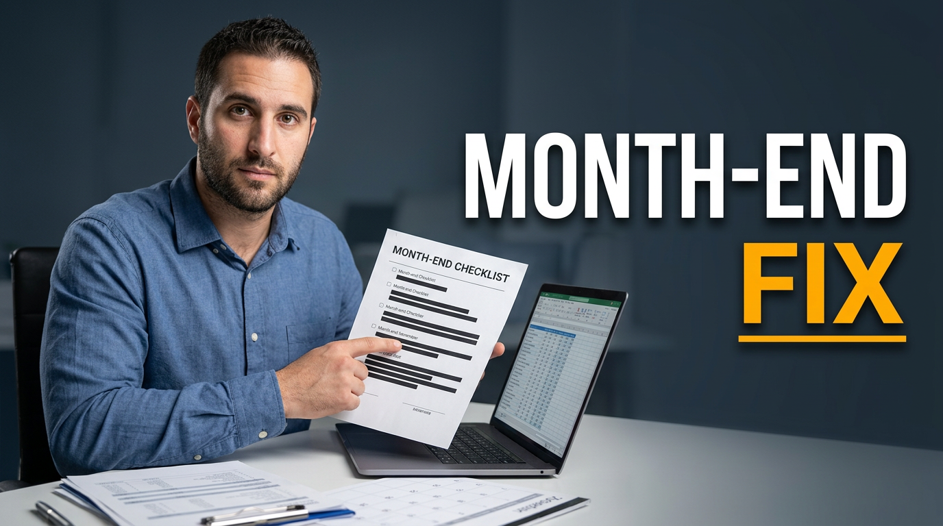 Male bookkeeper at a desk beside a redacted close checklist and laptop