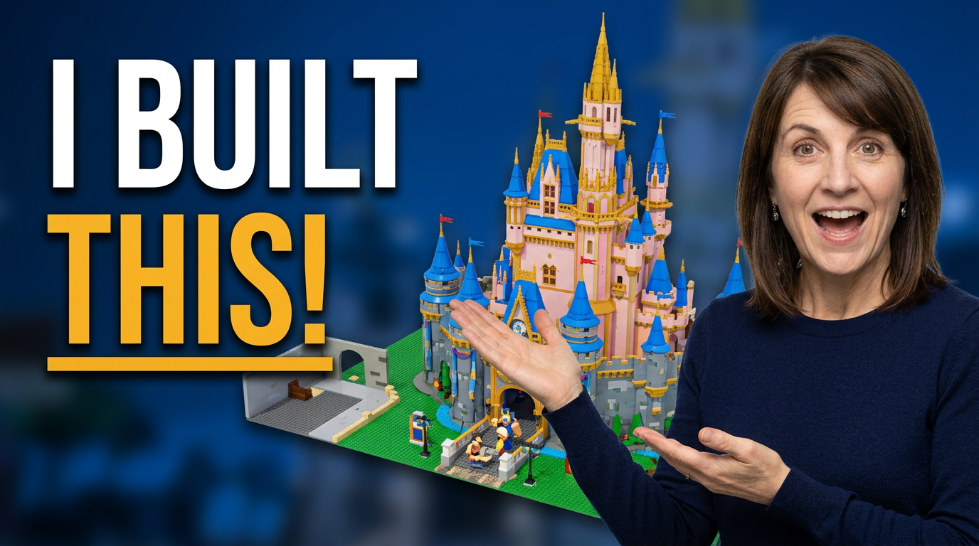 Roblox build reveal thumbnail concept with a female creator presenting a colorful finished creation