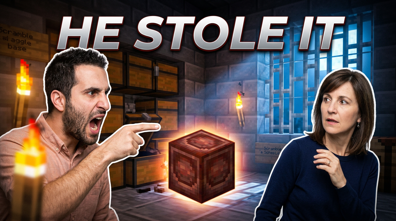 Minecraft SMP conflict thumbnail concept with two creators facing each other over a stolen resource