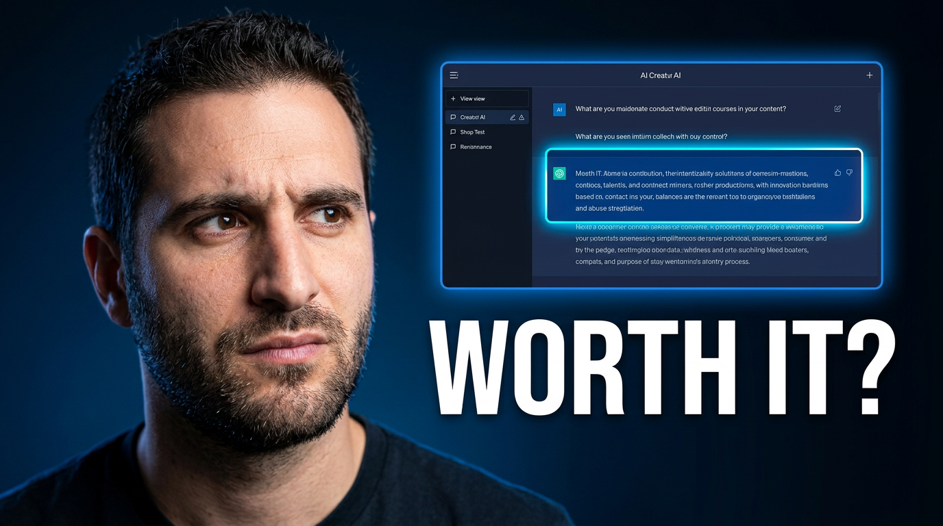 Male YouTube creator reacting to an AI tool interface on a large screen