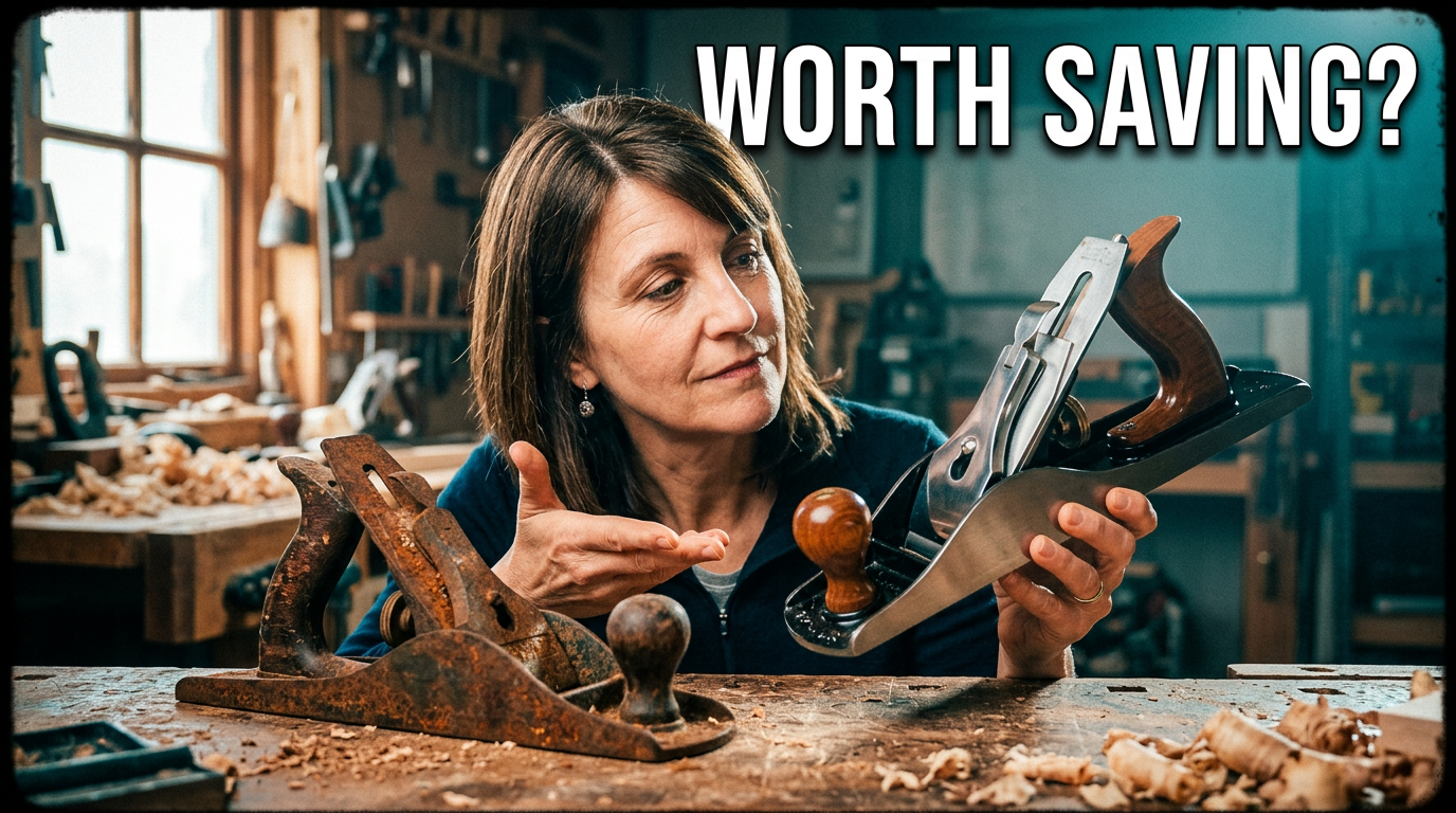 Maker holding a restored hand plane beside its worn original condition