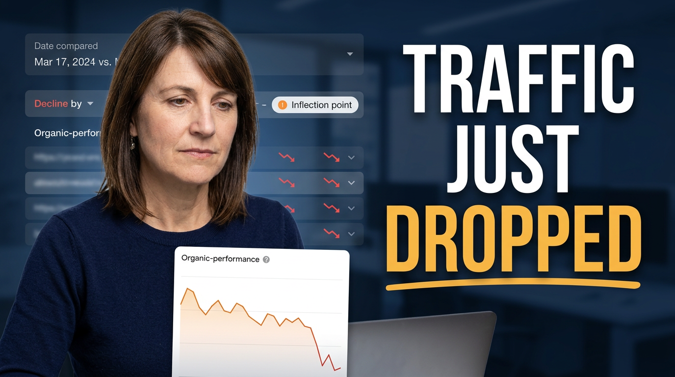 Female SEO consultant reacting to a downward organic traffic chart