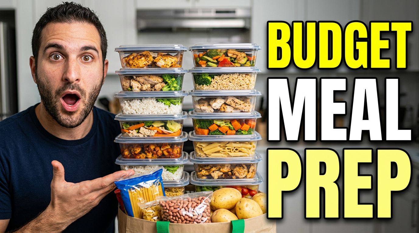 Meal prep creator with affordable grocery items on one side and prepared meals on the other