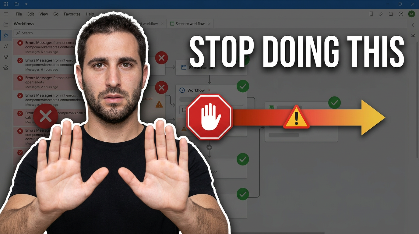 Male creator making a warning gesture beside a cluttered AI workflow screen