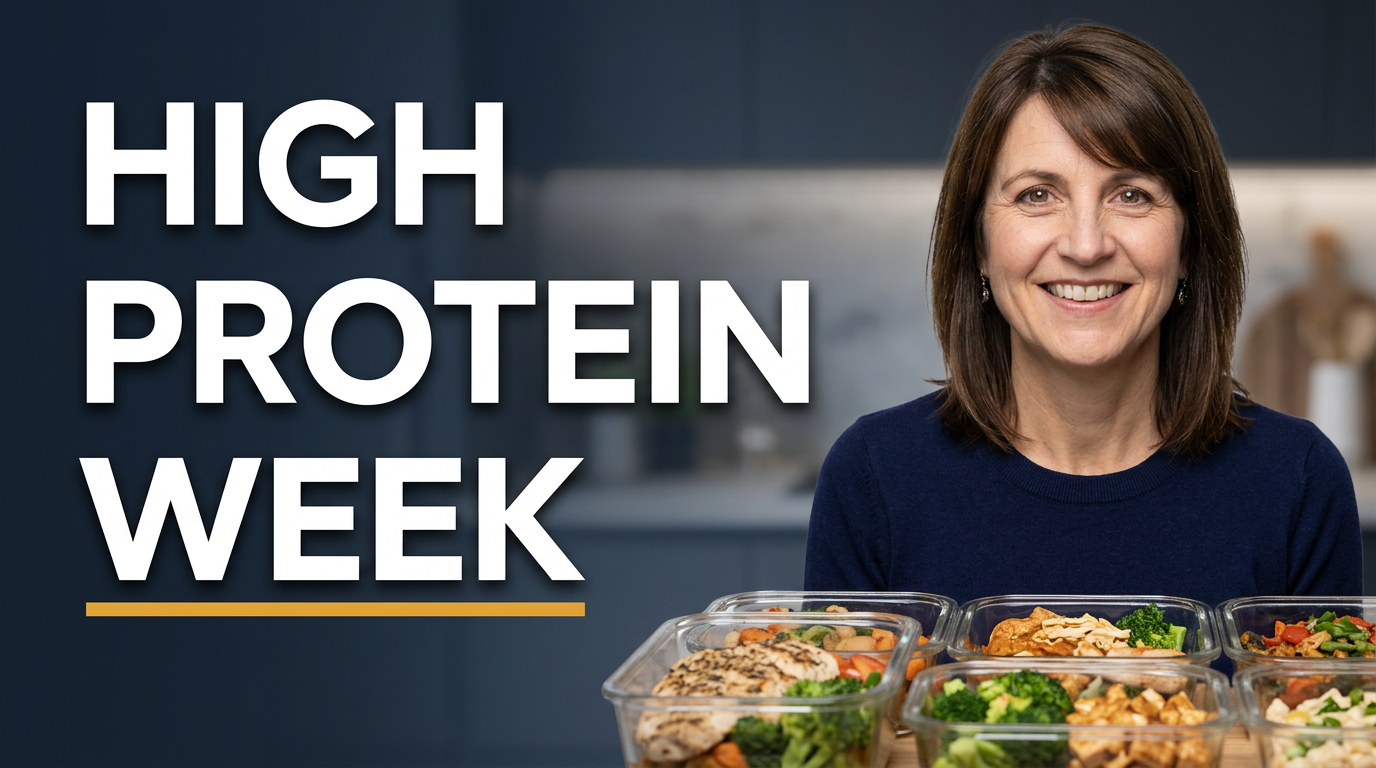 Female creator presenting organized high-protein meal containers with chicken, rice, and vegetables
