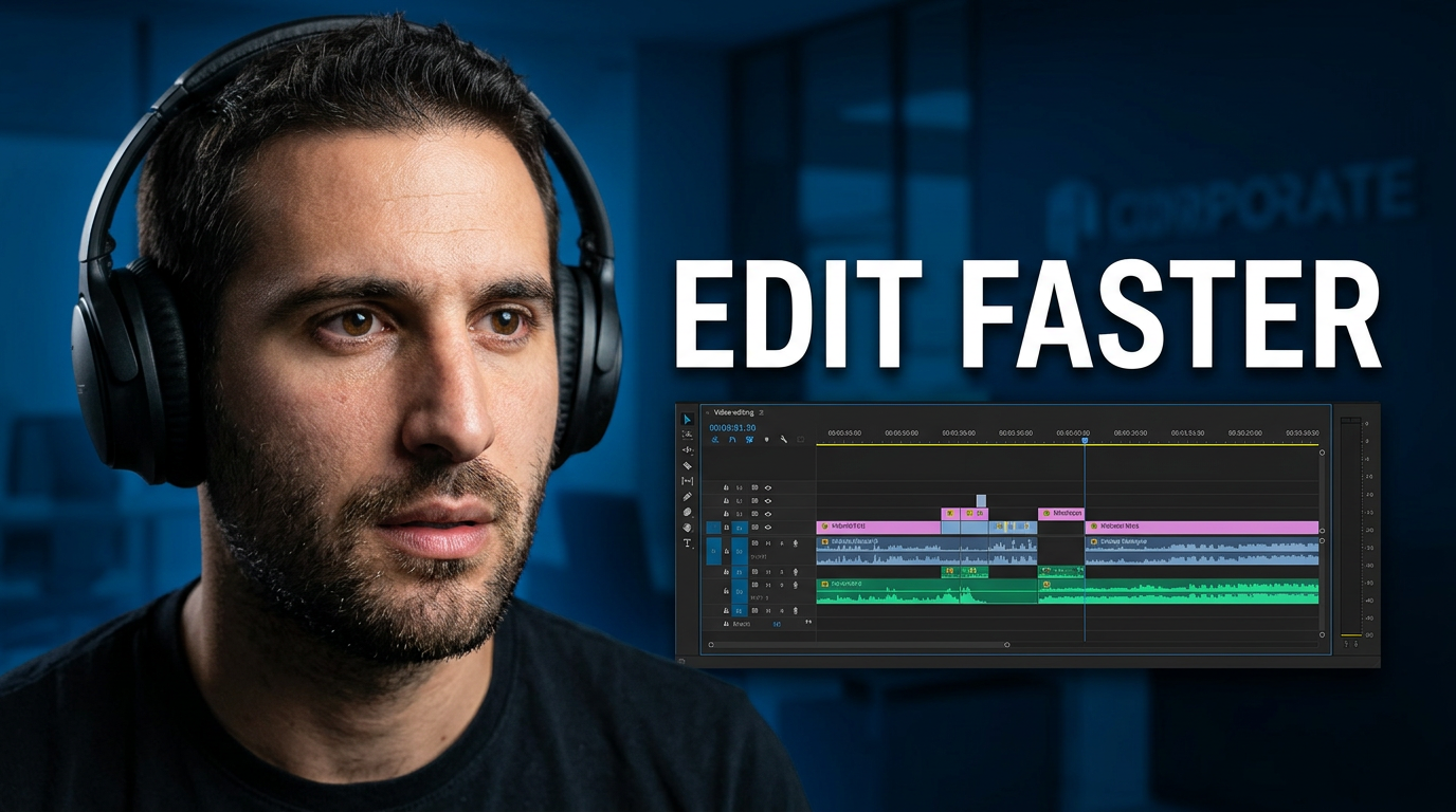 Male creator reacting beside a large video editing timeline on a dark studio background