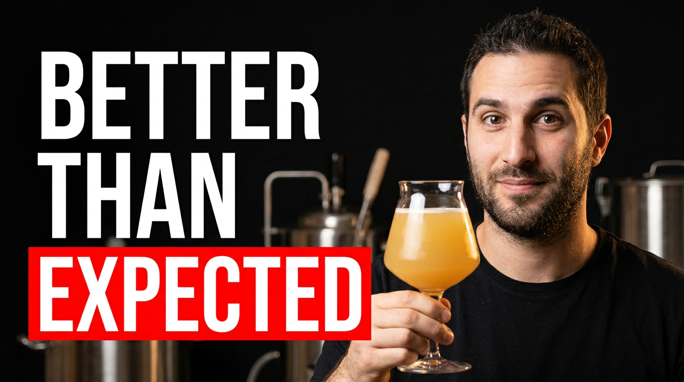 Homebrewer holding a hazy IPA glass beside a fermentation vessel