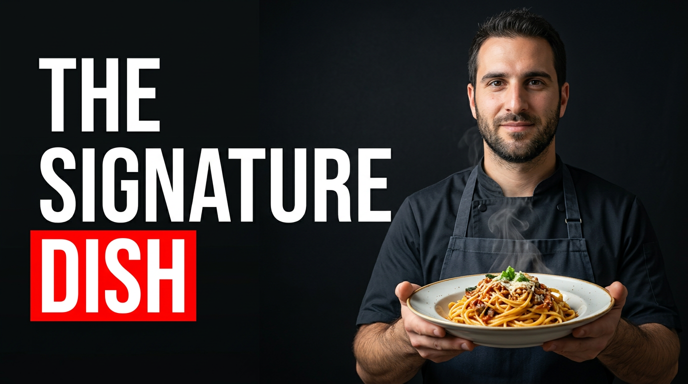 Chef presenting a glossy signature pasta dish in a warm restaurant kitchen