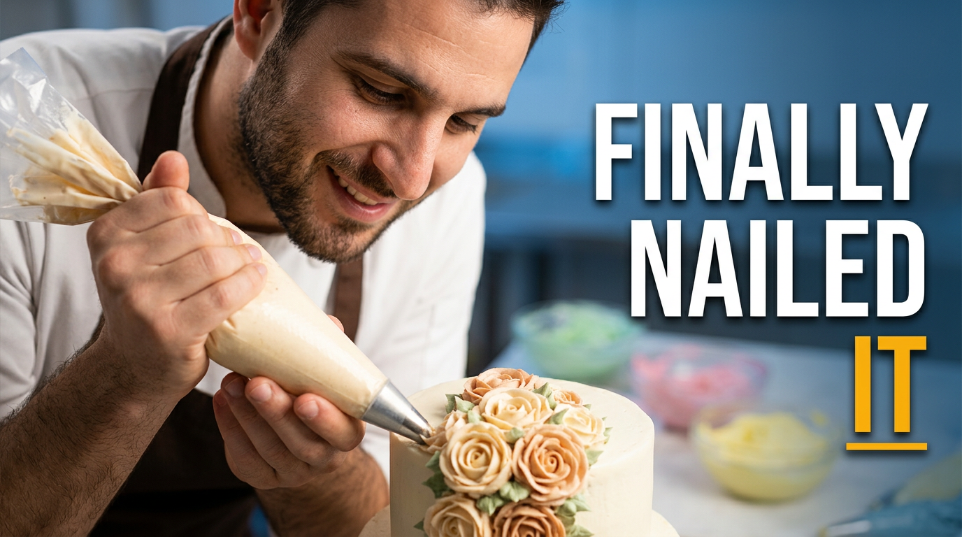 Male cake decorator concentrating while piping a detailed buttercream floral design onto a cake