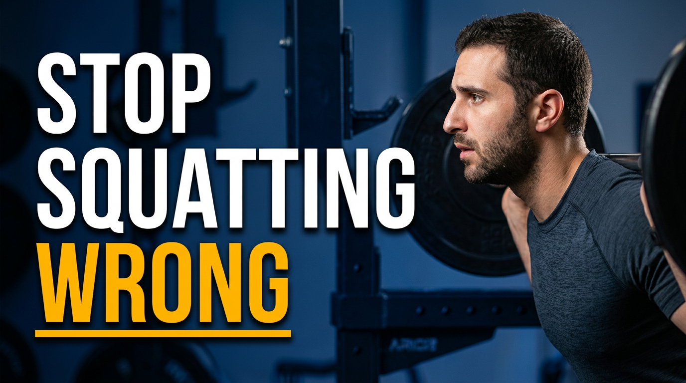 Personal trainer demonstrating a squat in a bright gym with a concerned coaching expression