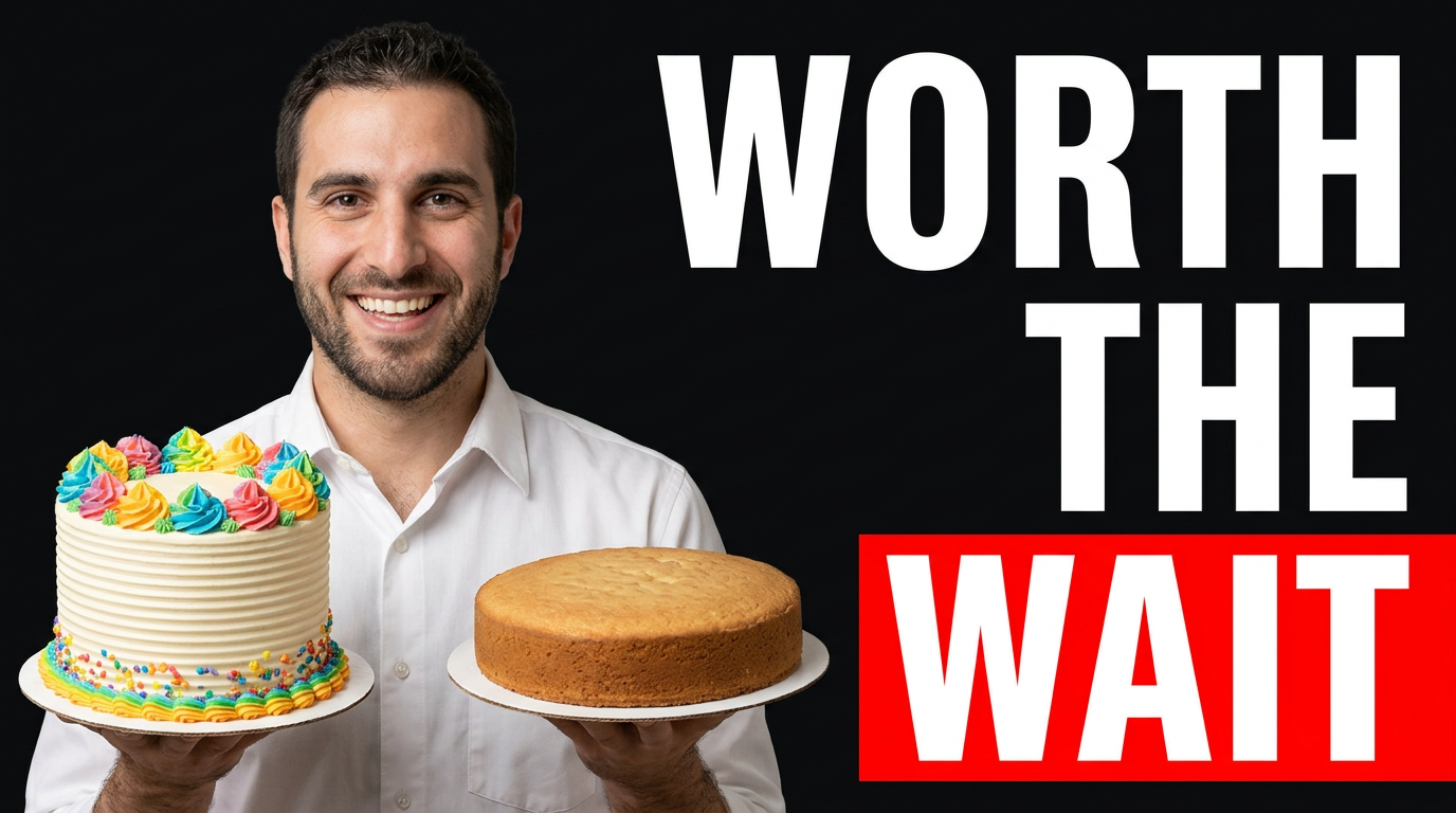 Male cake decorator presenting a tall finished buttercream cake beside a simpler undecorated cake base
