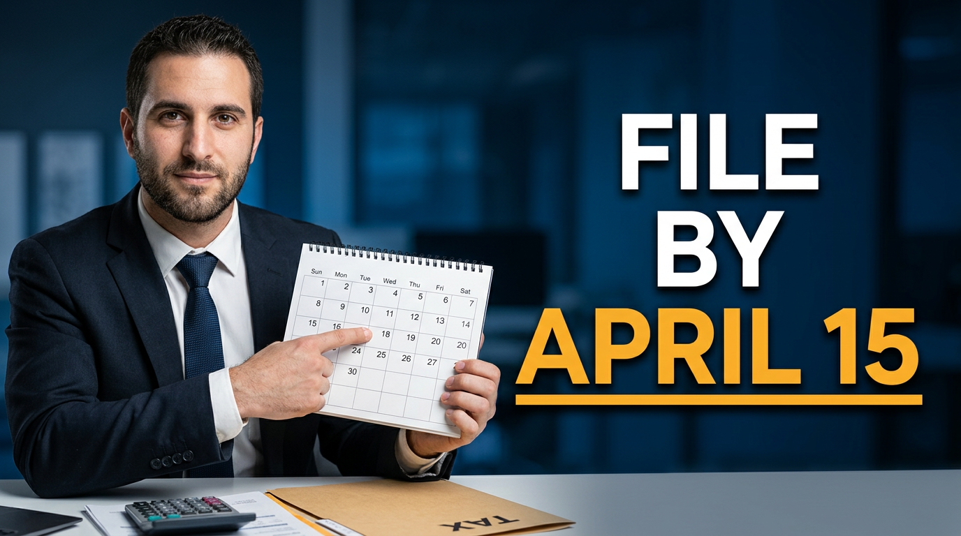 Tax preparer holding a calendar and tax folder in a professional office