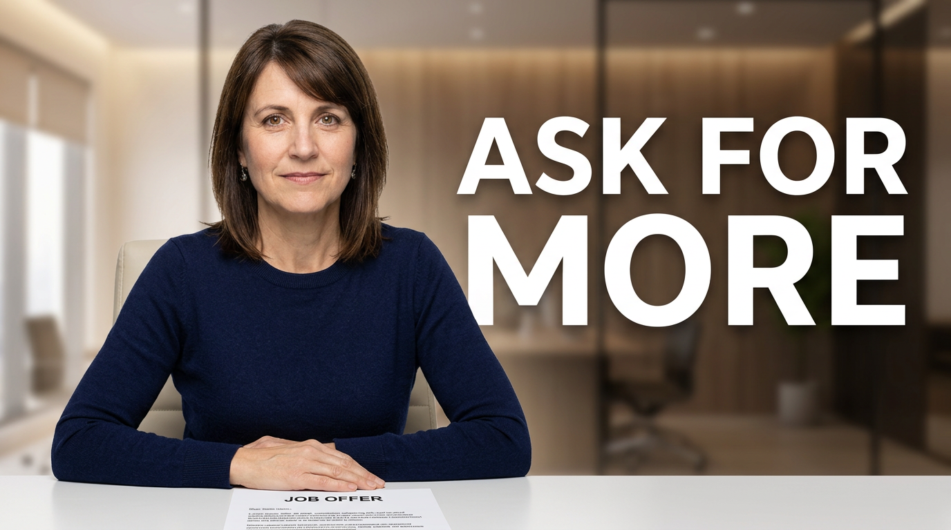 Female career coach in a thoughtful salary negotiation scene with offer document