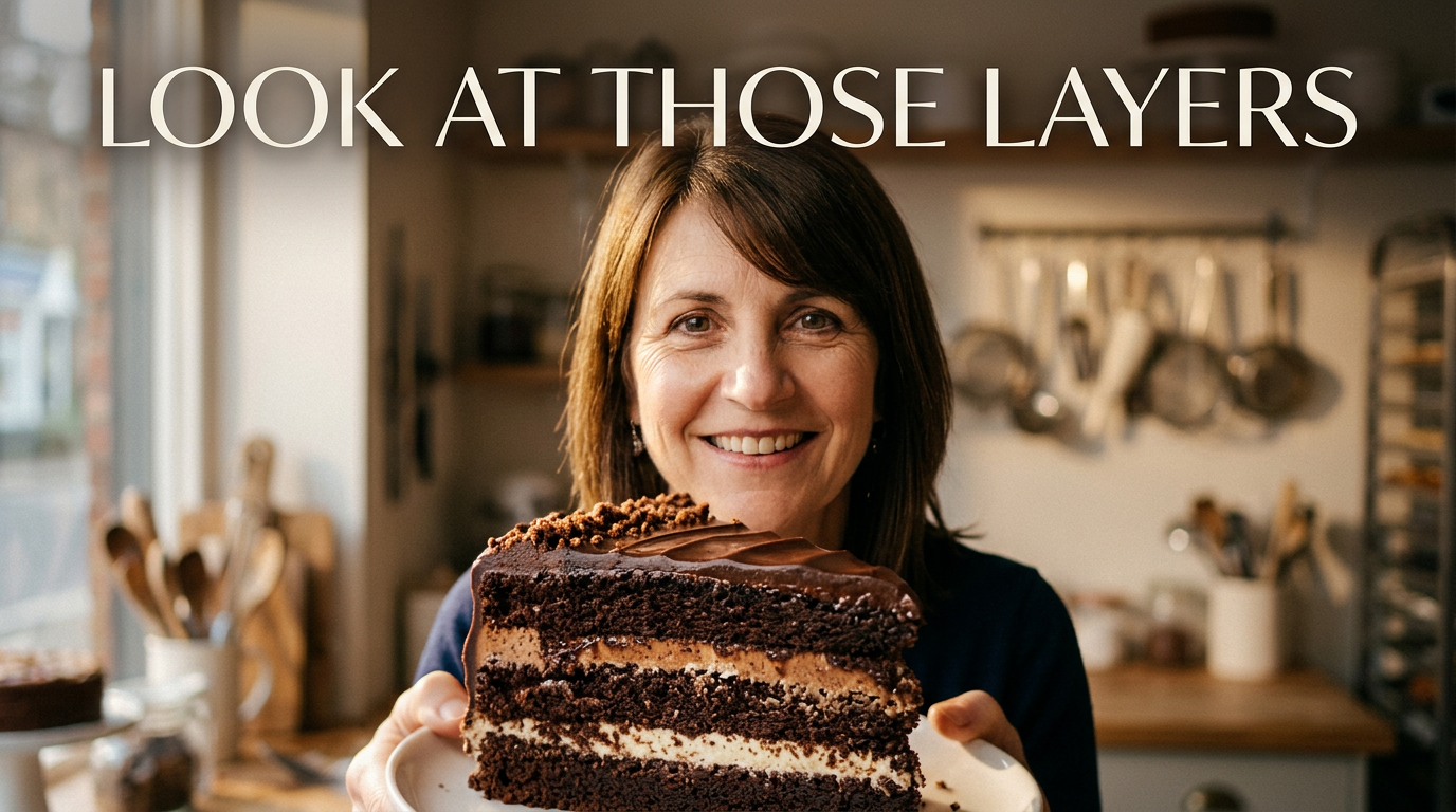 Female baker holding a close-up slice of chocolate layer cake with visible cream filling