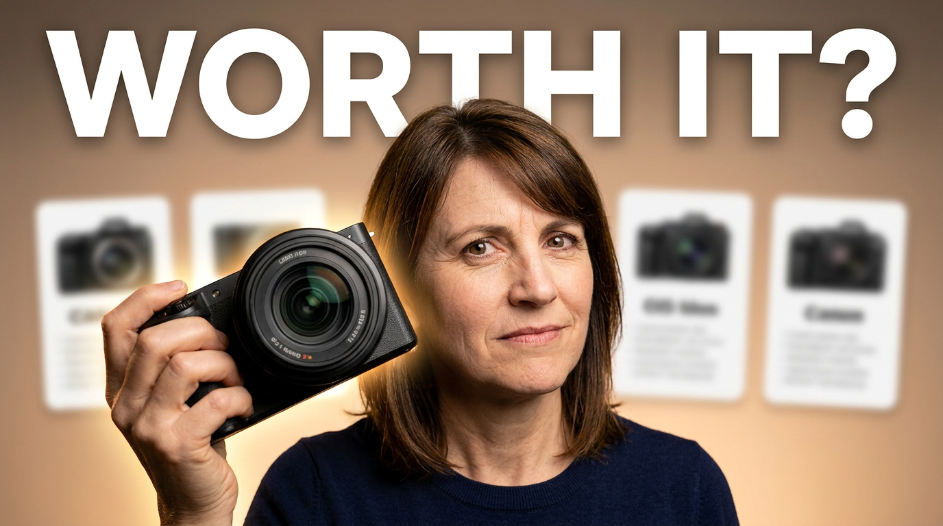 Female creator holding a compact camera with a skeptical expression against a clean product-review set