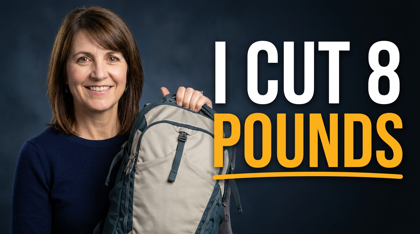 Female backpacker holding a lightweight pack beside organized hiking gear