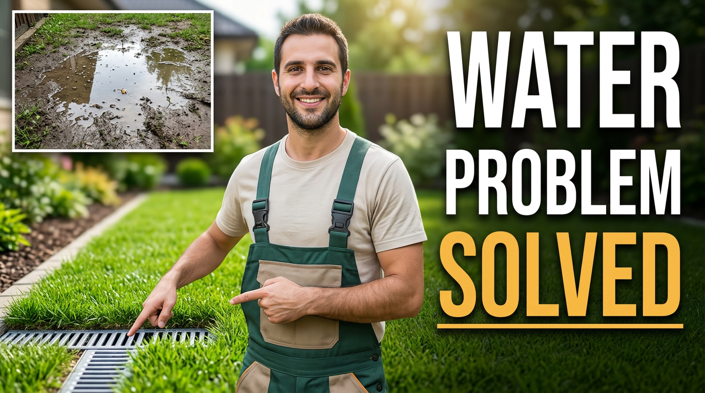 Landscaper pointing toward a dry repaired yard area with a subtle inset of standing water before the repair