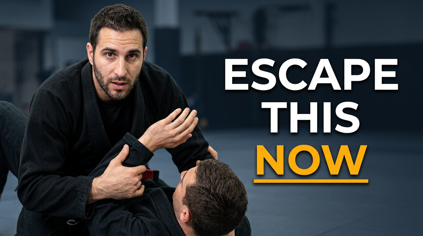 BJJ coach in a black gi demonstrating a side-control escape on blue mats