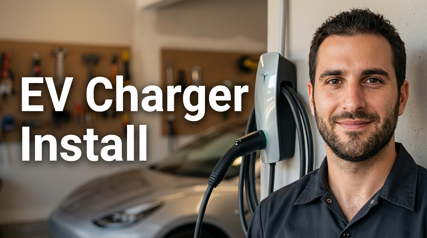 Electrician standing beside a newly installed wall-mounted EV charger in a garage